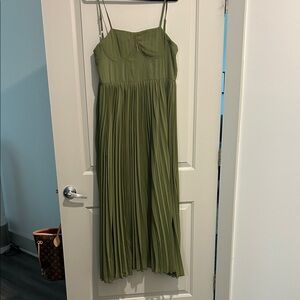Pleated Olive-Green Spaghetti-Strap Maxi Dress